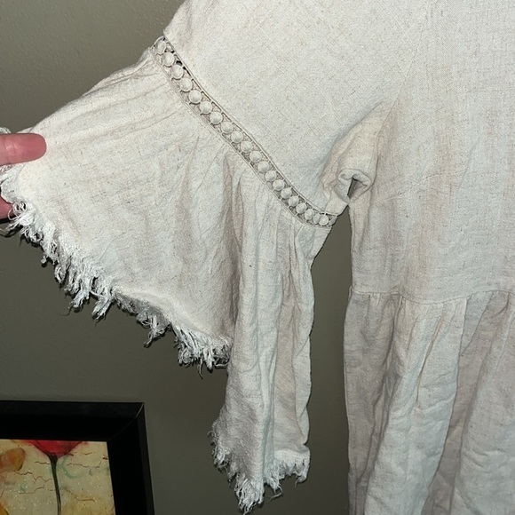 EUC LARGE PINK BLUSH BEIGE RAW EDGE BELL SLEEVE BABYDOLL LINEN MATERNITY DRESS - Picture 11 of 12